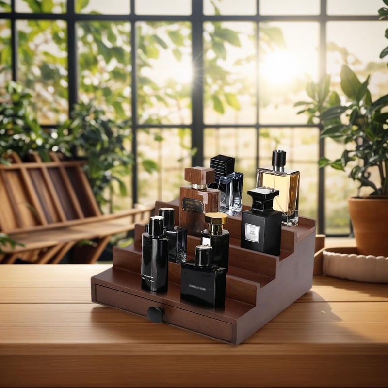 Fengligoo منظم عطور الجوز للرجال - حامل عطور خشبي بأربعة مستويات مع درج وحيز مخفي، رف لحفظ عطور الرجال لتنظيم وتخزين العطور - Image 3